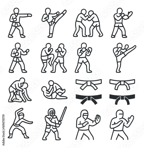 Martial arts icons: karate, boxing, wrestling, taekwondo, and judo styles depicted