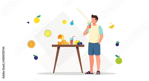 Man sipps a healthy fruit juice beverage besides a table with a fruit assortment illustration