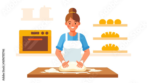The Baker's Delight: A woman kneads dough, a skilled artisan at work in a homey kitchen, bread baking on the shelf. Depicting the culinary and home baking scene.