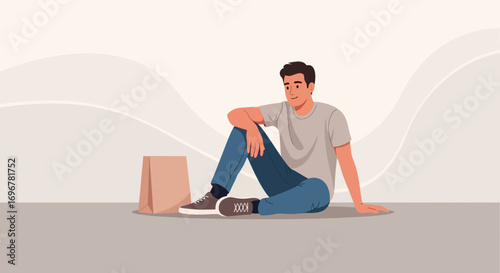 Man Sitting Adjacent To a Brown Paper Bag While Smiling In a Smooth Illustration