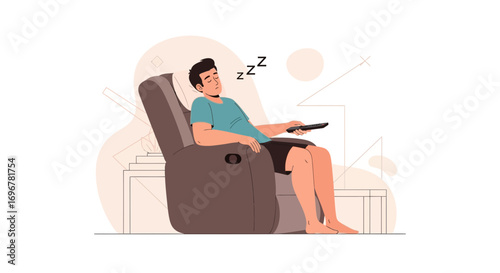 Man Sleeping Peacefully In a Recliner While Holding Remote Control Simple Illustration