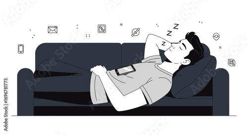 Man Sleeping Peacefully on Sofa with Phone and Notification Icons Around, Simplified Vector