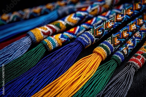Colorful beaded tassels showcasing intricate craftsmanship from indigenous cultures, highlighting the artistry and tradition of textile creation