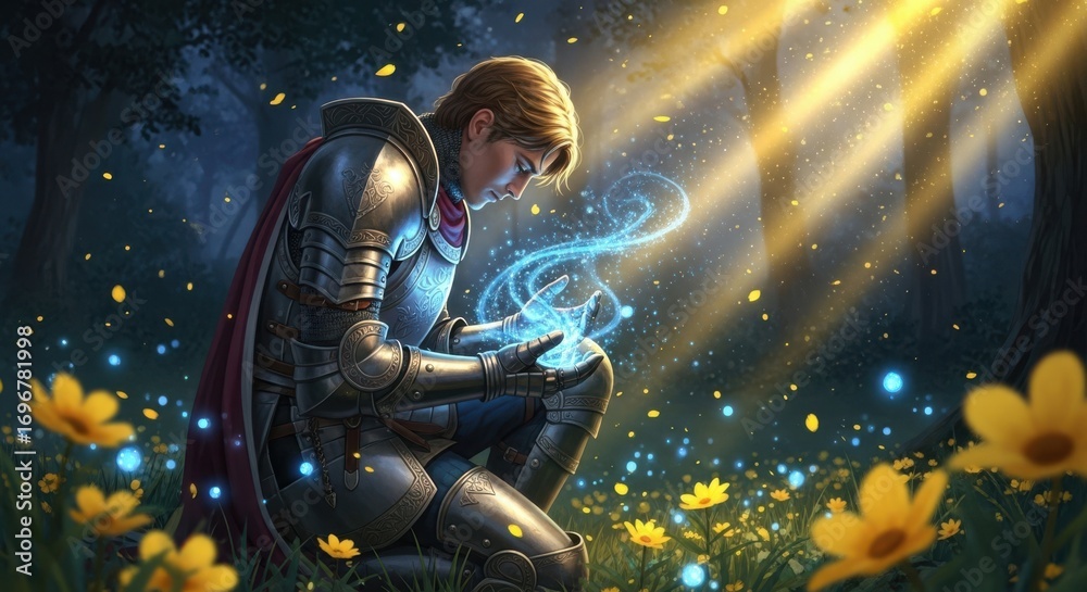 Fototapeta premium A Knight Kneeling in a Magical Forest Clearing Embracing Enchanted Light