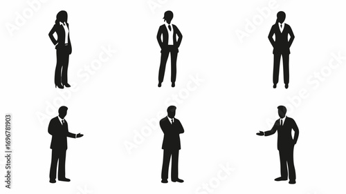 Diverse business professionals in suits stand confidently, ready for corporate success and team collaboration.