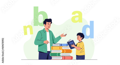 Man Teaching A Young Boy How To Read Using Books And Letters In A Colorful Illustration