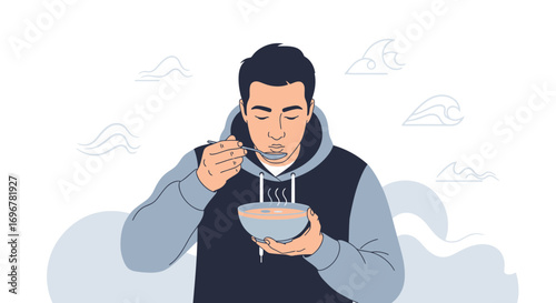 Man Tasting Hot Soup From Bowl, Featuring An Illustration Style In A Relaxing Manner