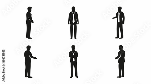 Confident businessmen in diverse poses represent professional collaboration and diverse business interactions