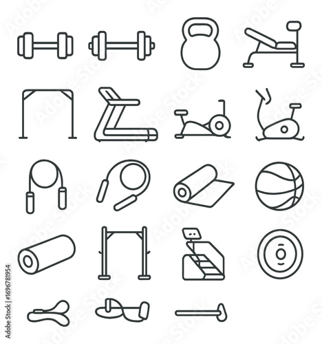 Minimalist gym equipment icons: dumbbells, treadmill, kettlebell, exercise bench, yoga mat