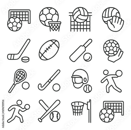 Outline icons of various sports equipment and activities
