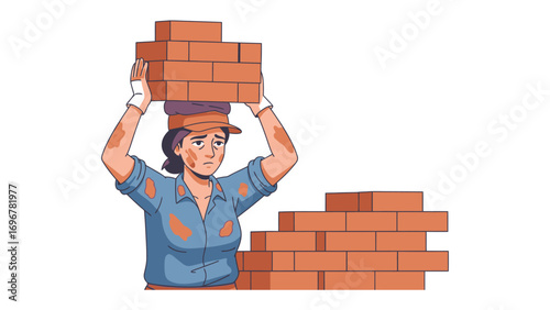 Building Foundation: An illustration depicting a construction worker meticulously balancing bricks, symbolizing perseverance and dedication in building a solid foundation.