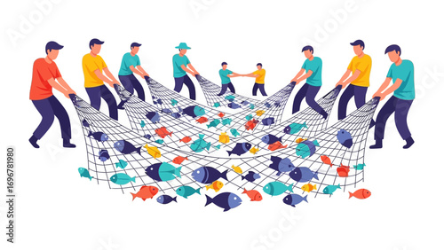 Cooperative Catch: A group of individuals working together to haul in a full fishing net, teeming with a variety of colorful fish, a symbol of shared labor and successful collaboration.