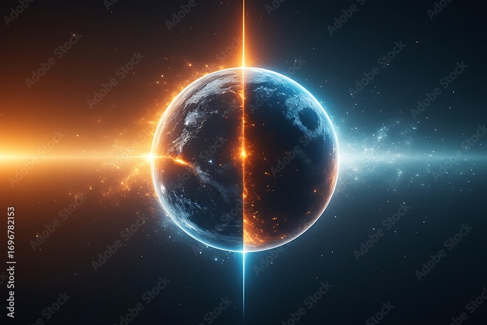 Fototapeta premium Earth Divided By Fiery Orange And Icy Blue Energy Beams