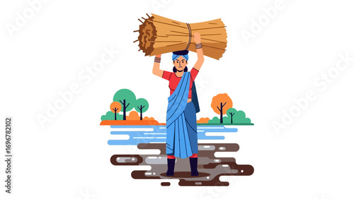 Labor of the Land: A woman carries a bundle of straw, embodying the spirit of rural life and hard work.