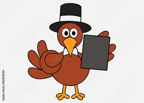 Whimsical cartoon turkey pilgrim holding a sign for thanksgiving day celebrations and autumn harvest themes