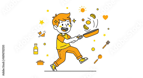 Joyful Kid Flipping Pancakes in Kitchen, Funny Cooking Illustration, Bright Colors