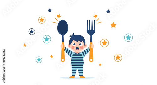 Joyful Kid Holding Up Utensils Surrounding Stars Suitable For Food And Mealtime Fun