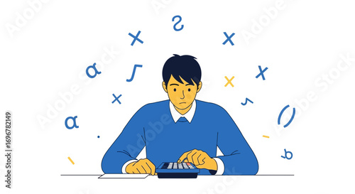 Man With Calculator Surrounded By Mathematical Symbols Solving Arithmetic Problems