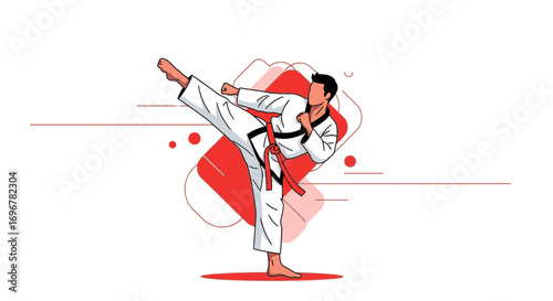 Martial Artist Performing A Powerful Kick In Minimalist Style On Isolated White Background