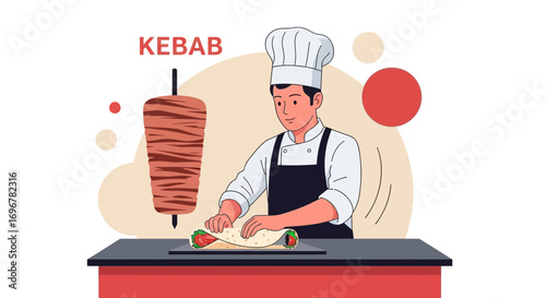 Master Chef Preparing Delicious Kebab Wrap, Culinary Illustration for Food Advertising