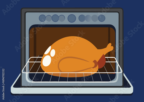 Golden brown roasted turkey cooking inside an open oven on a rack