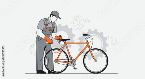 Mechanic Adjusting Seat On Bicycle With Repair Tools For Illustration Purpose