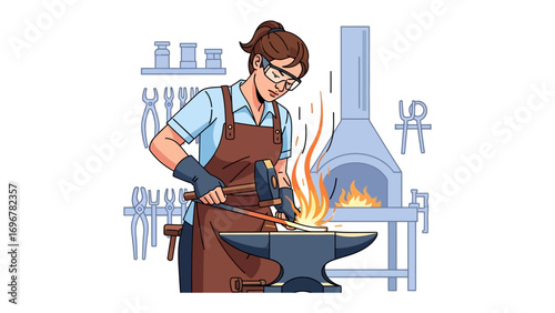 Forge of Skill: A skilled artisan meticulously crafts a metal piece with precision, demonstrating the art of smithing in a captivating illustration of the craft