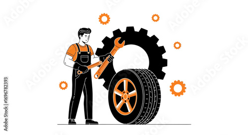 Mechanic Fixing Automobile Tire Next To Giant Gear Symbol With Design Elements
