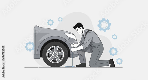Mechanic Working On Car Tire With Gears Illustration, Automotive Repair And Maintenance Concept