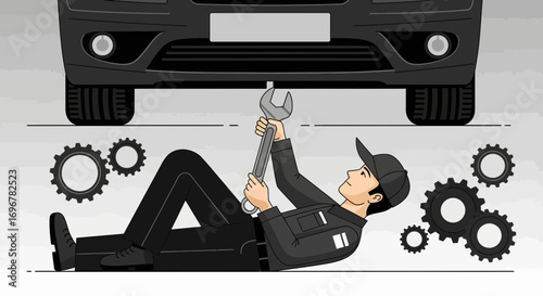 Mechanic Working Underneath a Car, Automotive Repair Services, Maintenance Concept
