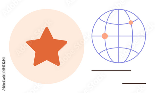 Orange star in peach circle alongside globe with pinpoint markers and lines. Ideal for success, recognition, global reach, connectivity, international presence, growth, innovation. Simple flat