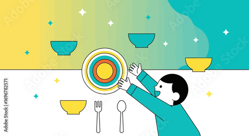 Joyful Person Reaching for a Plate Among Bowls and Cutlery with Colorful, Whimsical Elements