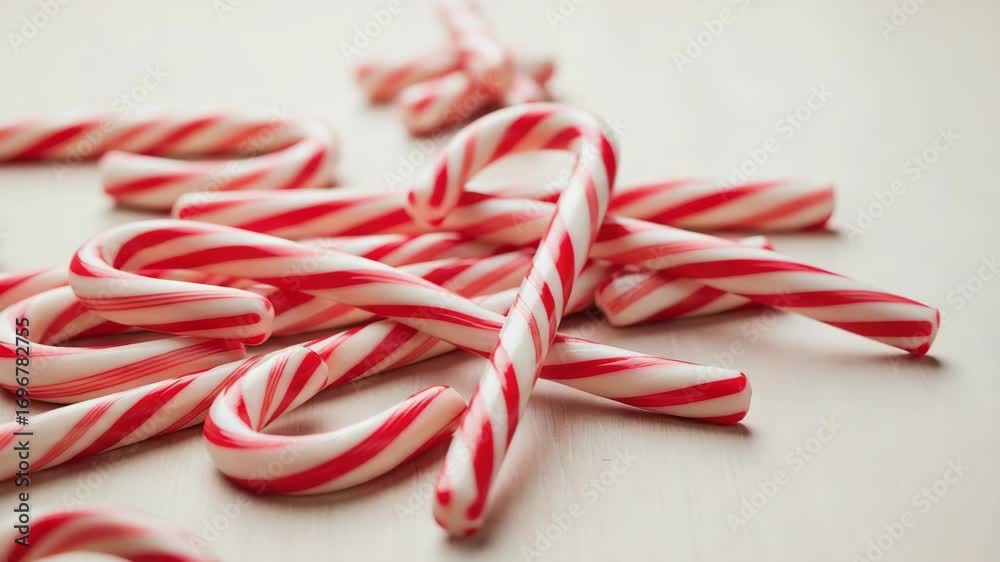 Close-up of a candy cane pile on white surface, holiday treat. Candy cane heap with red and white stripes is an enticing Christmas confection, a simple sugar delight.