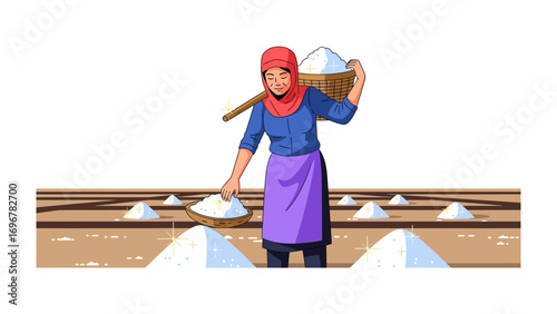 Salt Farmer at Work: A woman, depicted in an illustration, is working in a salt field, carefully collecting and transporting harvested salt. A scene portraying tradition and labour.