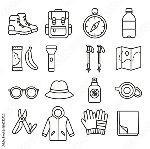 Hiking essentials icons: backpack, compass, boots, gear, tools, outdoor equipment