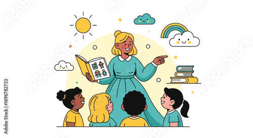 Joyful Teacher Reading to Children, Illustrating an Engaging Lesson and Educational Environment