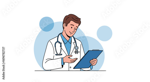 Medical Professional Examining Document, Doctor Reading, Healthcare Illustration, Vector Artwork