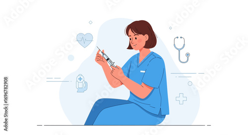 Medical Professional Prepares Injection For Pandemic Prevention In Modern Flat Illustration Style