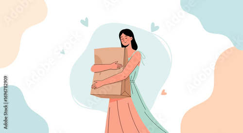 Joyful Woman Embracing a Large Shopping Bag with Pastel Background Artwork