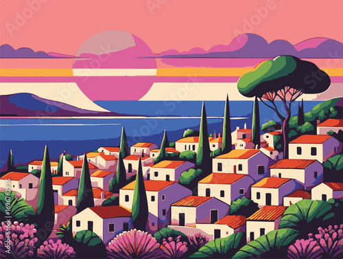 Mediterranean village with pink sunset over blue sea