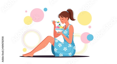 Joyful Woman Enjoying Delicious Ice Cream, Refreshing Summer Moment, Sweet Indulgence Indeed
