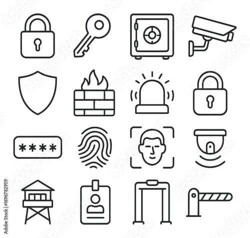 Security icons set: lock, key, safe, camera, shield, firewall, alarm, access control