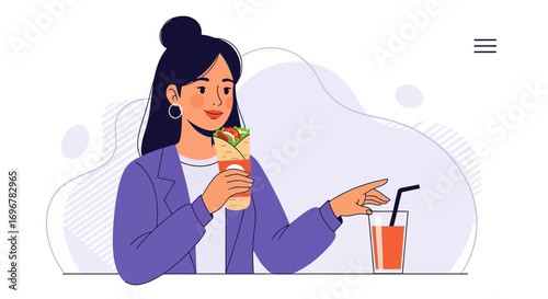 Joyful Woman Enjoying Meal With Beverage During Lunch, Digital Illustration Style