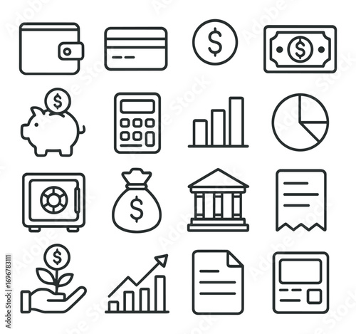 Finance and banking icons set: wallet, credit card, savings, analytics, growth