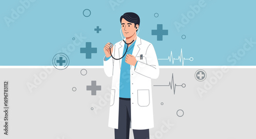 Medical Professional Using Stethoscope for Health Examination with Medical Background
