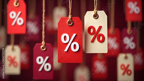 Red and beige hanging tags with percentage symbols, representing discounts or sales, arranged against a dark background.
