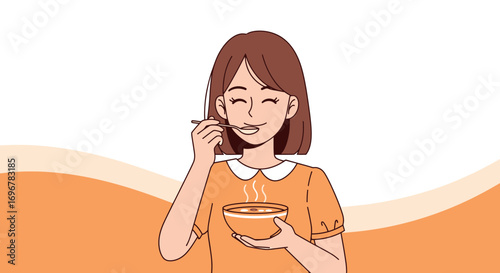 Joyful Woman Savoring a Delicious Meal from a Warm Bowl of Nourishing Soup