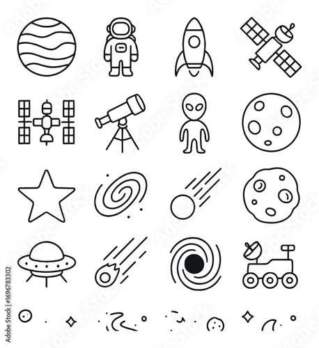 Space icons: astronaut, alien, rocket, telescope, planet, satellite, ufo, galaxy, comet, black hole