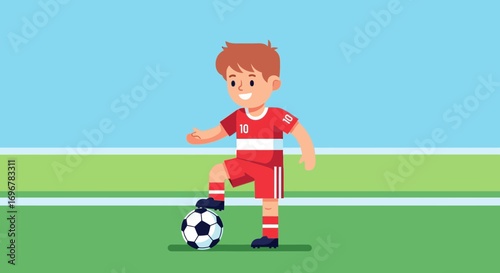 Joyful Young Athlete Controlling Soccer Ball on Green Field for Friendly Match