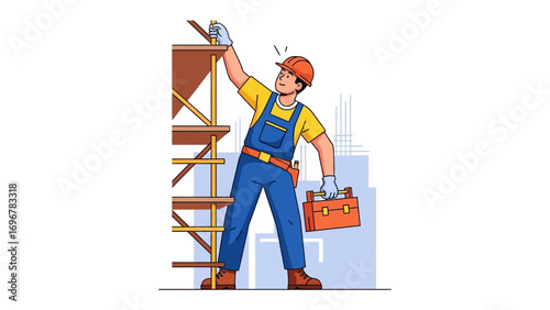 Construction Worker at Work: A diligent construction worker, complete with a hard hat and toolkit, is meticulously working on a scaffolding on a construction site.